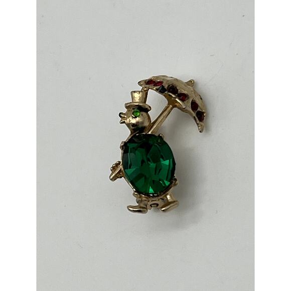 None and/or Unknown Jewelry - Vintage Goldtone Small Turtle with Umbrella Green & Red Rhinestones Pin Brooch